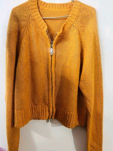 Orange Zip-Up Knit Cardigan