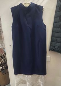 Elegant Navy Blue Turtle Neck Lace Trim Dress