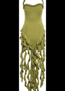 y2k pista Green Ruffle Dress