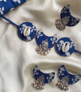 Boho Blue & White Fabric Jhumka Set