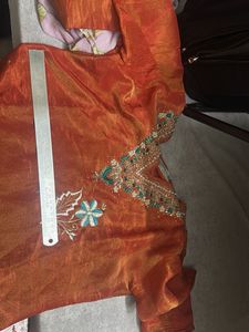 Embroidered Orange Silk Kurta