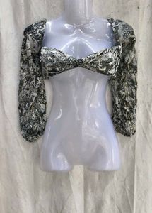 44209. Sheer Floral Print Long Sleeve Crop Top