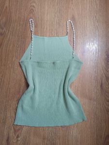 Mint Green Ribbed Tank Top with Pearl Straps