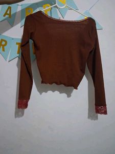 Brown Lace Trim Long Sleeve Top