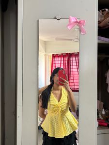 Yellow Gingham Tie-Front Peplum Top
