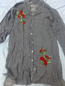 Striped Button-Up Tunic with Floral Embroidery