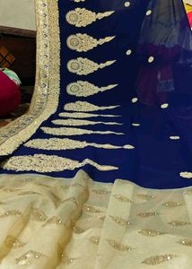 Embroidered Royal Blue & Cream Saree