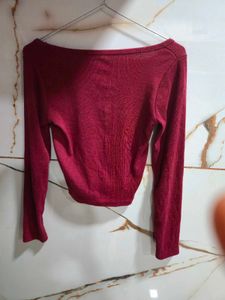Maroon Ribbed Long Sleeve Crop Top