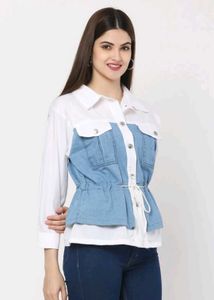 Stylish White Cotton Top with Blue Denim