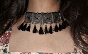 Oxidized Silver Choker with Black Tassels