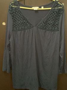 Navy Blue Lace Trim V-Neck Top