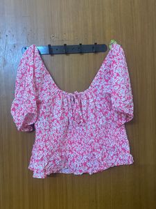 Floral Pink And White Crop Top Deep Neck And Back