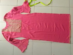 Pink Kurta with Embellished Neckline