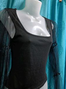 Elegant Black Top with Mesh Sleeves