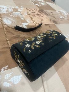 Embroidered Black Clutch with Chain Strap