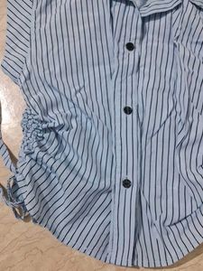 Blue Striped Ruched Button-Up Top