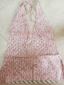 y2k Pink Striped Halter Neck short kurti