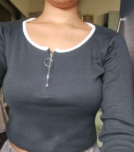 Ribbed Zip Neck Long Sleeve BlackTop