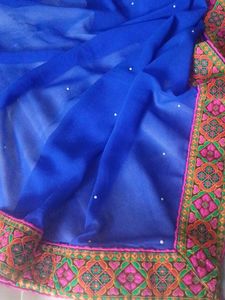 Elegant White &amp; Blue Saree with Embellishments