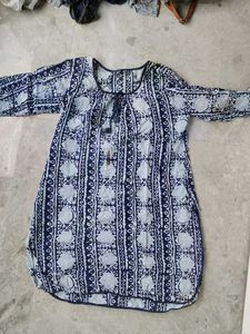 Blue and White Printed Cotton Kurta