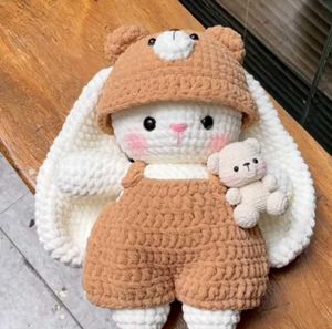 Crocheted Bunny Toy with Bear Hat