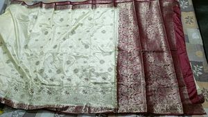 Cream &amp; Maroon Embroidered Silk Saree