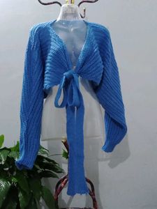 Blue Knit Tie-Front Bolero Cardigan