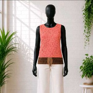 Coral Lace Sleeveless Top with Belt Detail