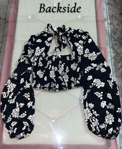 Black Floral Smocked Crop Top