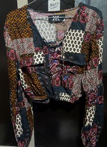Boho Patchwork Print Long Sleeve Crop Top