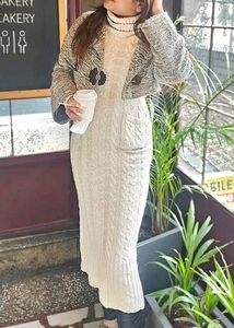 Cream Cable Knit Turtleneck Sweater Dress