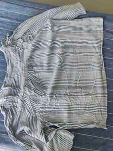 Blue Striped Ruffled V-Neck Top