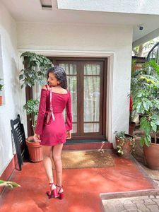 Women's Maroon Long Sleeve Tie-Front Mini Dress