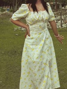 Cute Yellow Floral Puff Sleeve Dress