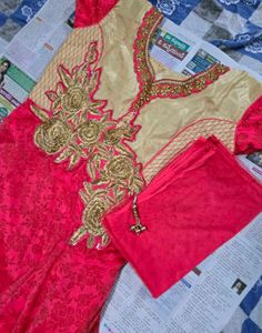 Beautiful Pink &amp; Gold Embroidered Anarkali Gown wi