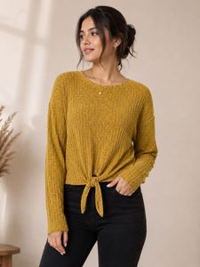 Yellow Ribbed Tie-Front Top
