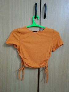 Orange Ribbed Crop Top with Drawstrings