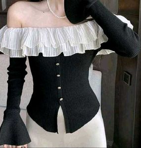 Elegant korean Ruffle Collar Knit Top