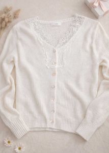 White Lace Trim Cardigan Sweater