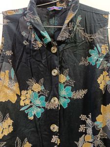Floral Sleeveless Long Shirt  Dress Like One Piece