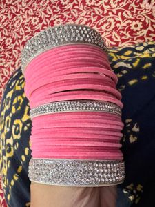 Set of Pink Velvet Bangles with rhinestones Chur