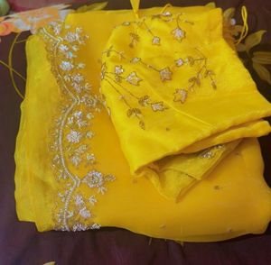 handwork yellow organza Saree