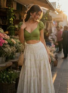 Premium velvety Cream Skirt with Green Print