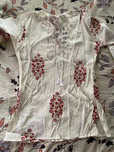 White Kurta with Red Floral Print