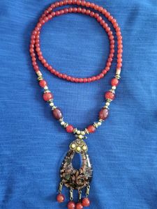 Unused Bohemian Red Beaded Pendant Necklace