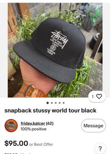 Stussy World Tour Black Snapback Flat Brim Cap
