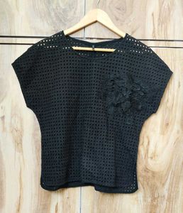 Chic Black Eyelet Pocket Top Size-36