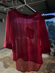 Sheer Maroonish Red Button Pocket Blouse