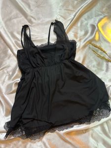 Elegant Black Lace Trim Night Slip