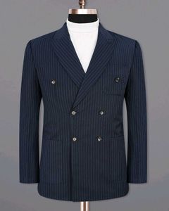 Double Breasted Mens Dark Navy Blue Striped Suit
